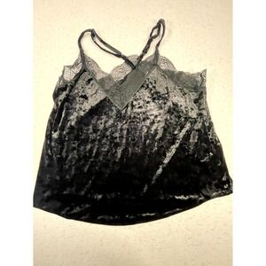 By Together Crushed Velvet Camisole Top Womens Black Lace Trim Spaghetti Strap